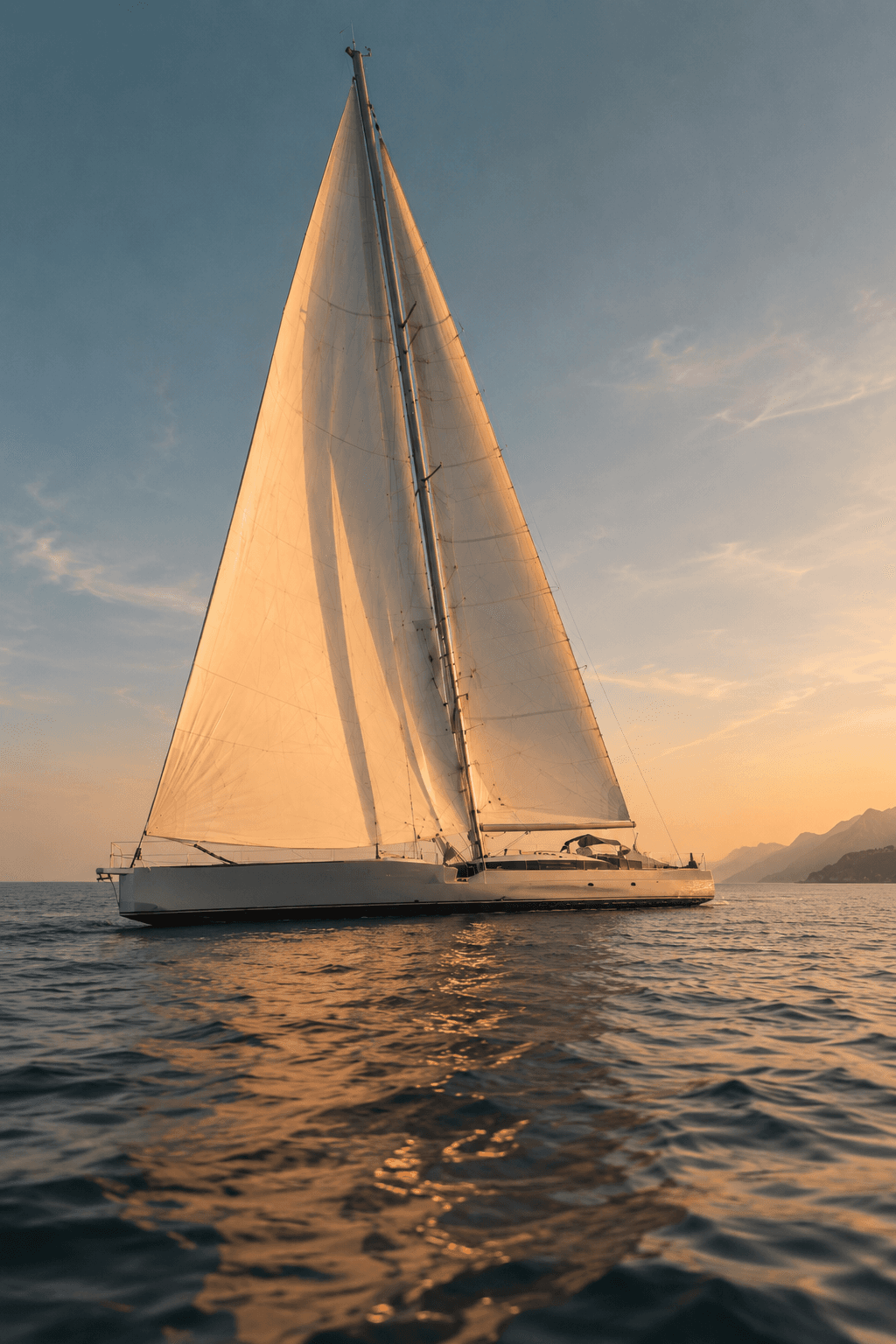 HEISEI yacht under sail at golden hour